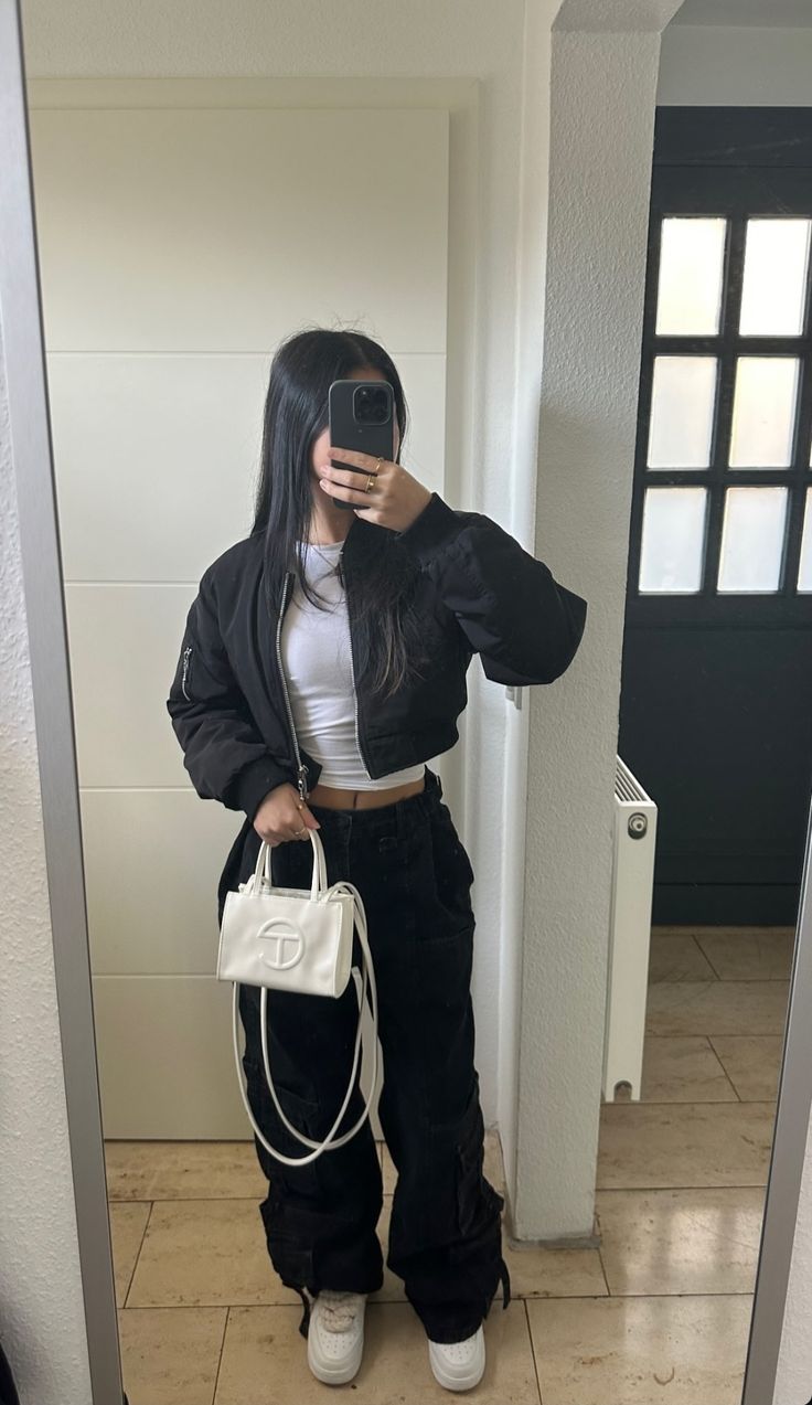 Black Cargo Pants with White Crop Top